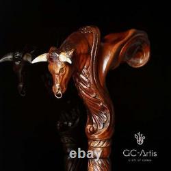 Wooden Ox Bull Cane Walking Stick Ergonomic Palm Grip Poignée Canne À Pied